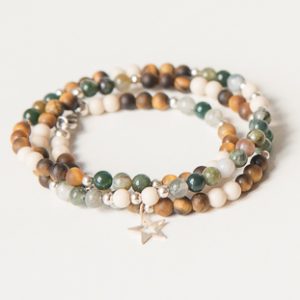 bracelet collier, chaine de cheville, perles naturelles oeil de tigre, bois fossilisé et agate indiennes