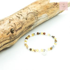 bracelet Kam & Leon Khambalia en citrine , bois fossilisé et jade blanche . perles en pierres fine naturelles