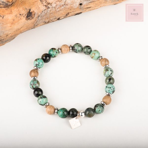 bracelet Namaka marque Kam & Léon, en pierre naturelle de turquoise africaine et de jaspe kambaba et de bois de santal