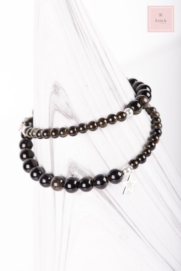 coliier ou bracelet 2 toursMaïa , marque Kam & Léon.Perles en obsidienne dorée naturelle